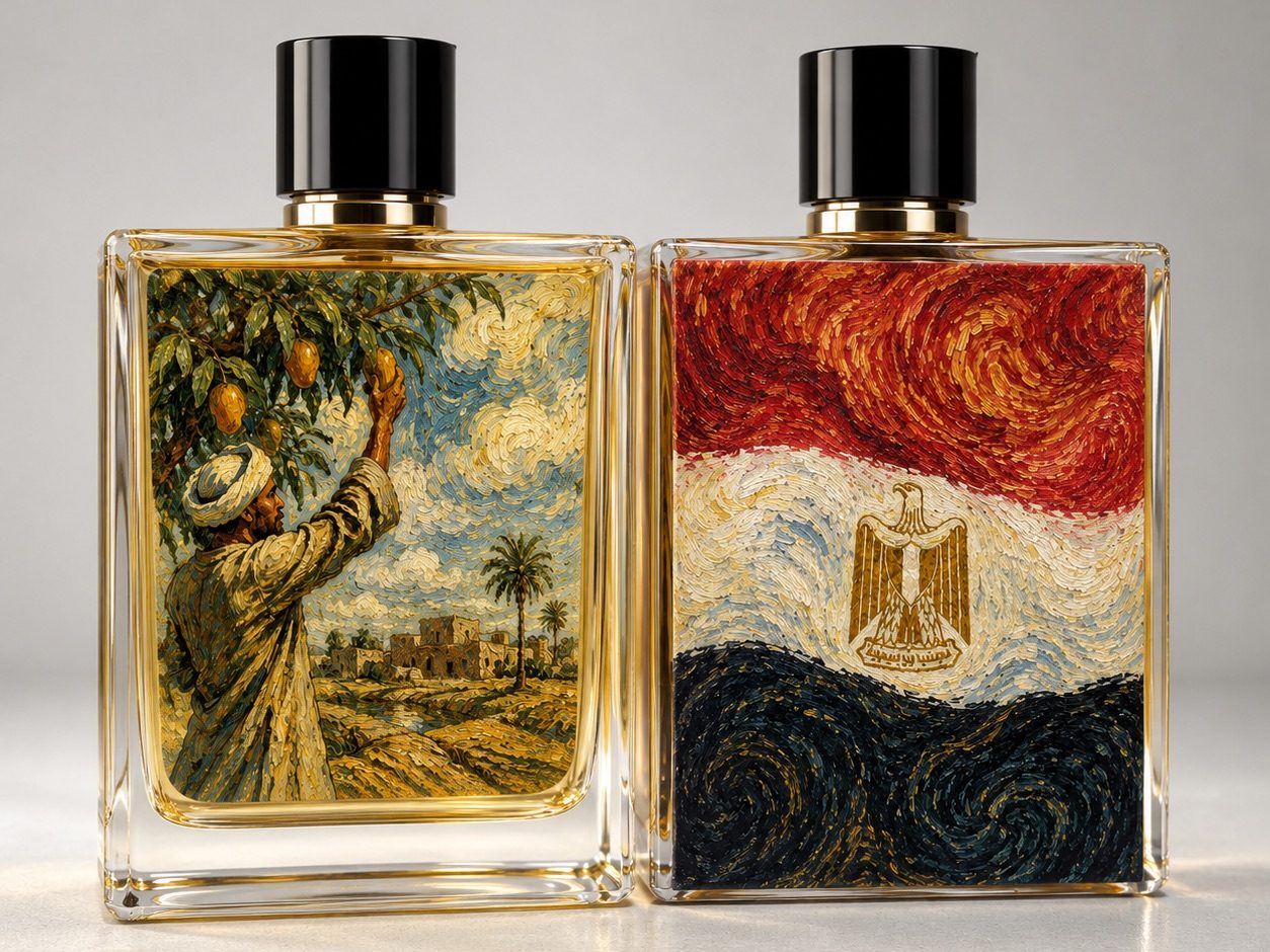A perfume bottle printed with full colour artwork wrapping the body