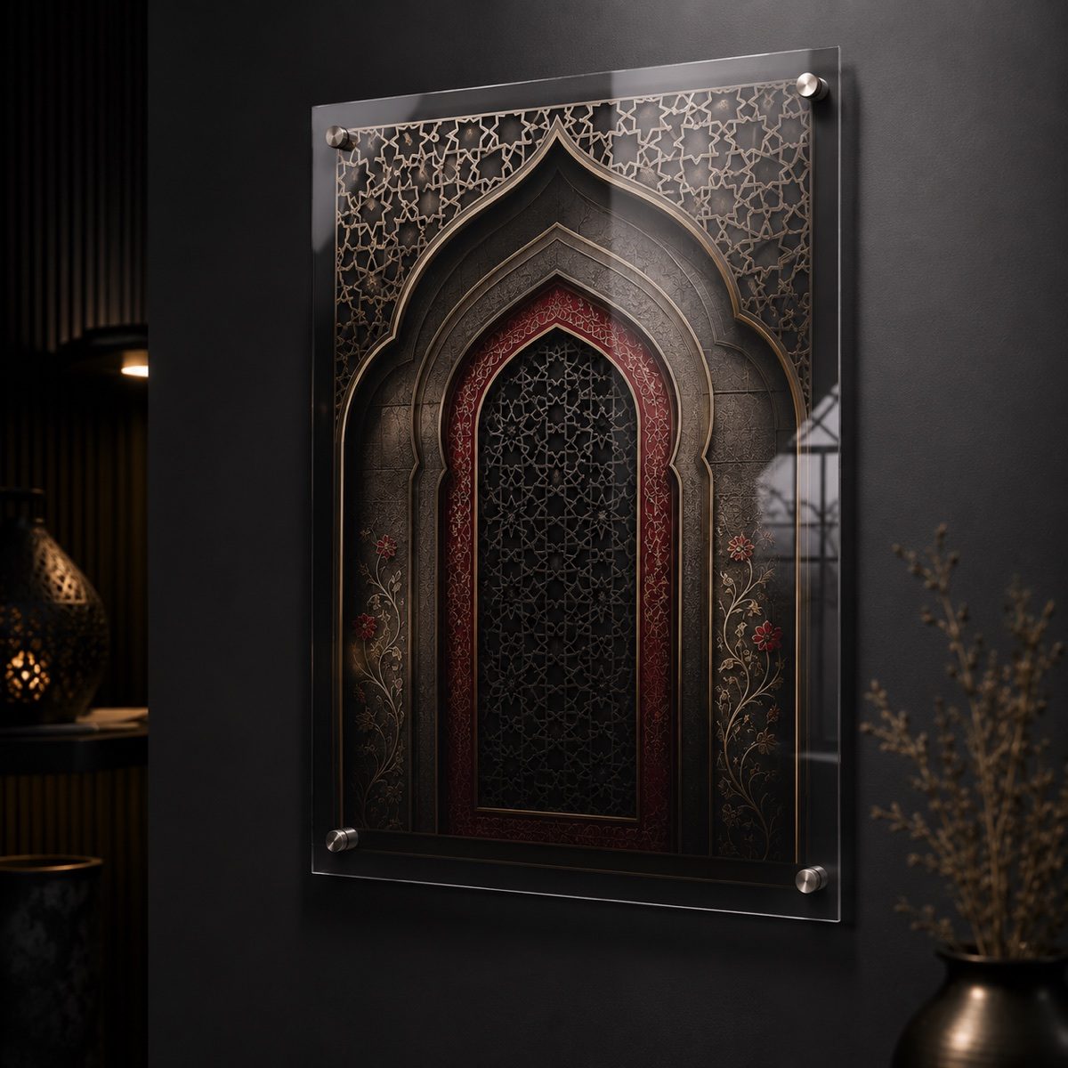 A clear acrylic panel on standoff fixings, printed with a gold and red Islamic arch design