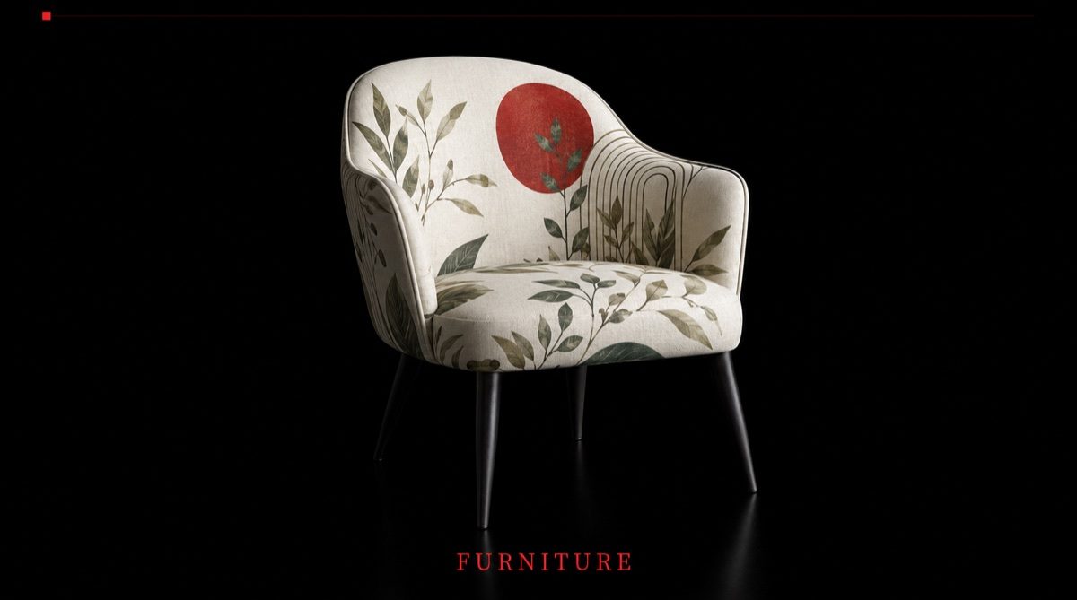 An armchair upholstered in cream fabric printed with botanical leaves and a red sun motif