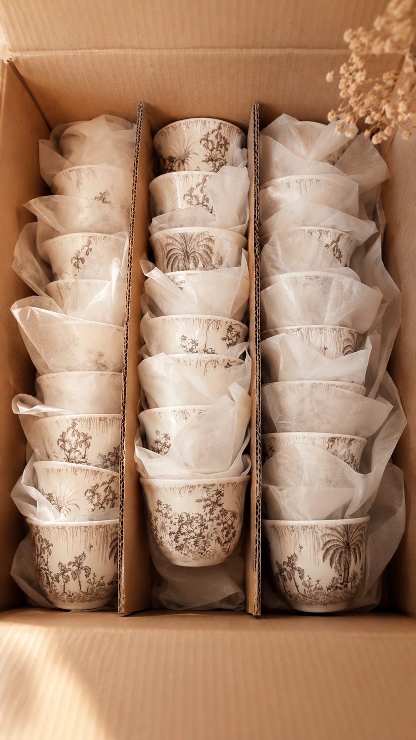 White qahwa cups printed with a sepia palm-tree pattern, packed in rows in a divided box