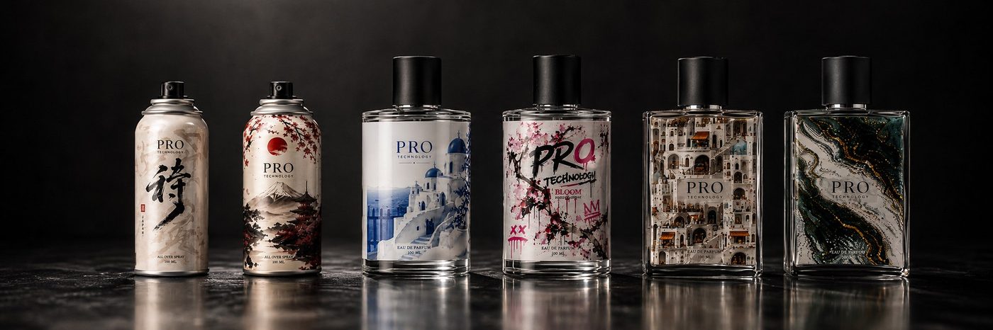 Six perfume bottles and aluminium spray cans printed direct in full colour, lined up on a dark stone surface